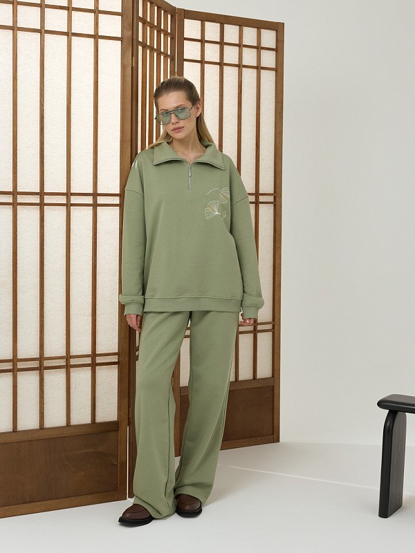 Костюм JAPANDI OLIVE свитшот на молниии + прямые брюки